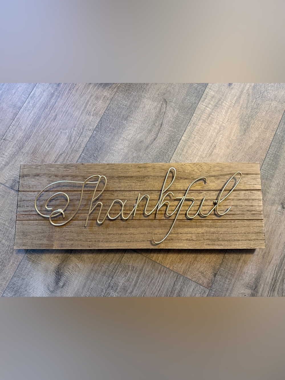 Gold "Thankful" Script Wall Sign on Wood